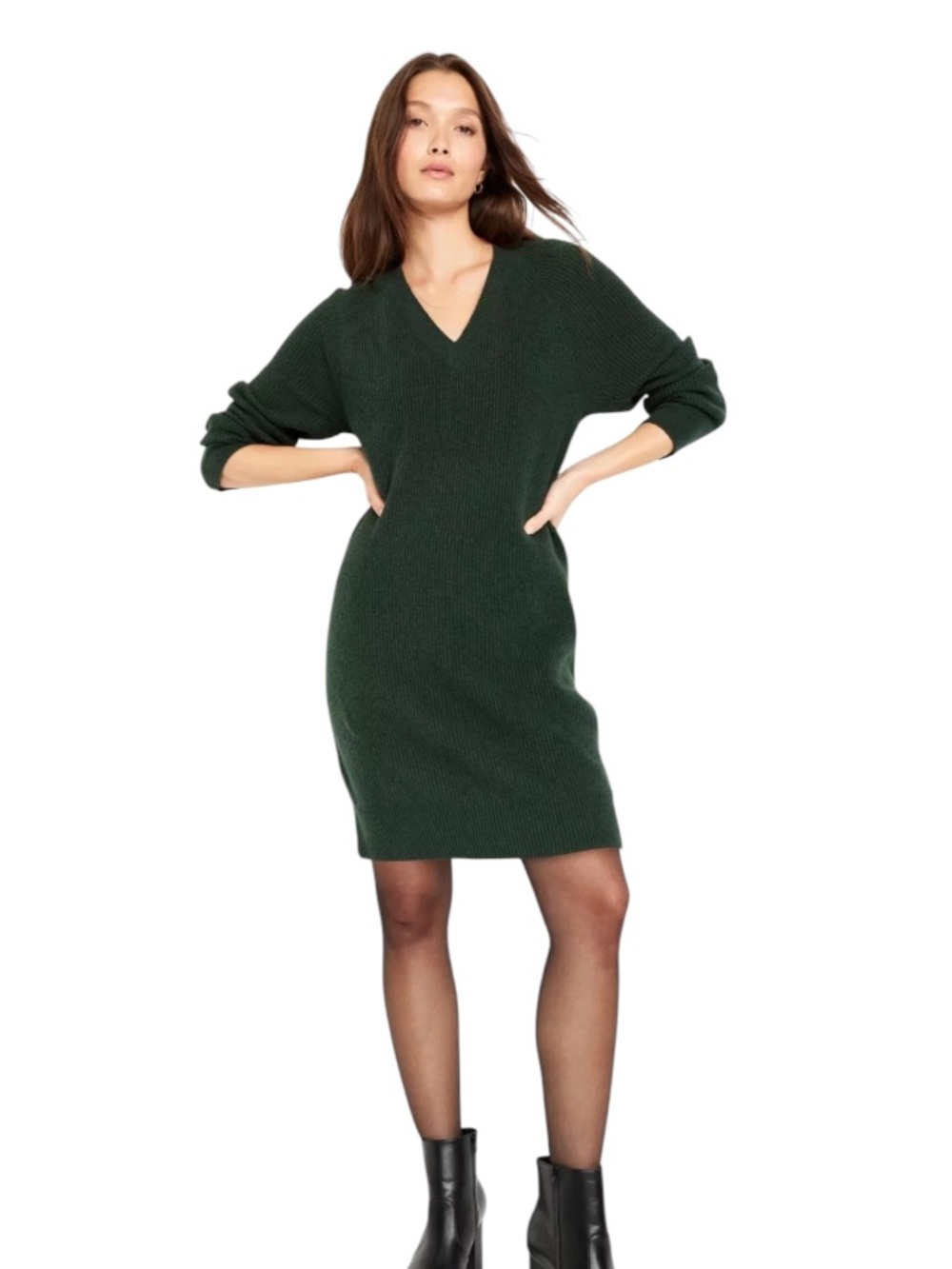 Old Navy Women's Dark Green Sweater Dress V-Neck Long Sleeve Size Large